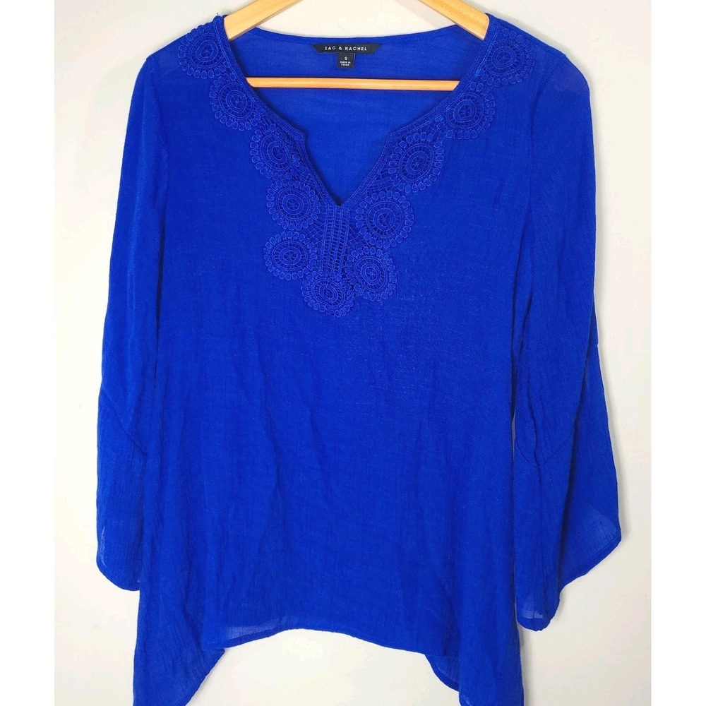 Zach & Rachel Royal Blue Blouse/Tunic V-Neck, Flared Sleeve Small. EUC